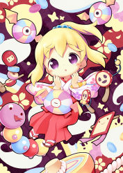 Rule 34 | 1girl, :o, aikei ake, beads, blonde hair, brown footwear, cherry blossom print, chibi, commentary request, floral print, hair beads, hair ornament, hakama, hakama skirt, hands up, high ponytail, highres, japanese clothes, kimono, long sleeves, looking at viewer, multicolored hair, original, parted lips, ponytail, print kimono, purple eyes, purple hair, rattle drum, red hakama, sandals, skirt, socks, solo, two-tone hair, white kimono, white socks, wide sleeves, zouri