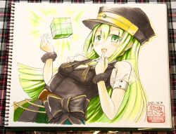 Rule 34 | 1girl, alina gray, black bow, black hat, black vest, blush, bow, breasts, chain, chauke, collar, finger to mouth, fur cuffs, gem, green eyes, green gemstone, green hair, hair between eyes, hat, long hair, looking at viewer, magia record: mahou shoujo madoka magica gaiden, magical girl, mahou shoujo madoka magica, medium breasts, multicolored clothes, multicolored skirt, open mouth, peaked cap, pleated skirt, puffy short sleeves, puffy sleeves, see-through, see-through sleeves, short sleeves, sidelocks, skirt, smile, solo, straight hair, striped clothes, striped skirt, traditional media, v-neck, vertical-striped clothes, vertical-striped skirt, vest, waist bow, white collar, white sleeves