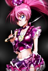 Rule 34 | 1girl, blue eyes, cure melody, eyelashes, houjou hibiki, kamen rider, kamen rider hibiki, kamen rider hibiki (series), midriff, name connection, navel, parody, pink hair, precure, solo, suite precure, sword, tj-type1, twintails, weapon