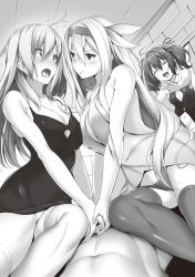 Rule 34 | 1boy, 3girls, :t, ahoge, artemis (shinsei-maou no venus-hunt), bare arms, bare shoulders, breasts, cleavage, cleavage cutout, closed eyes, closed mouth, clothed female nude male, clothing cutout, eye contact, fang, flat chest, from below, greyscale, hair ribbon, headband, highres, holding hands, indoors, large breasts, lilith (shinsei-maou no venus-hunt), long hair, looking at another, midriff, monochrome, multiple girls, nironiro, nude, open mouth, panties, pov, ribbon, shinsei-maou no venus-hunt, shirt, sleeveless, sleeveless shirt, small breasts, spica von spiegelberg, stomach, thighhighs, twintails, underwear, very long hair