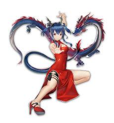 Rule 34 | 1girl, arknights, arm up, bare shoulders, black shorts, blue hair, breasts, ch&#039;en (ageless afterglow) (arknights), ch&#039;en (arknights), china dress, chinese clothes, chinese commentary, cleavage, cleavage cutout, clothing cutout, commentary request, double bun, dragon, dragon horns, dress, eastern dragon, fighting stance, hair between eyes, hair bun, heijiaobingjiling, high heels, highres, horns, long hair, looking at viewer, medium breasts, official alternate costume, pelvic curtain, pink eyes, red dress, red footwear, short shorts, shorts, side slit, sidelocks, simple background, sleeveless, sleeveless dress, solo, thigh strap, twintails, white background