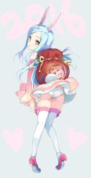 Rule 34 | 10s, 1girl, 2016, animal ears, ass, backpack, bag, blue hair, detached sleeves, dress, elin, emily (pure dream), from behind, green eyes, high heels, long hair, looking back, panties, rabbit ears, shoes, solo, tail, tera online, thighhighs, underwear, white panties, white thighhighs, wind, wind lift