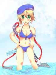 Rule 34 | &gt;:o, 1girl, :o, arc system works, bad id, bad pixiv id, beret, bikini, bikini top only, blazblue, blonde hair, blush, breasts, green eyes, gun, hand on own hip, handgun, hat, large breasts, navel, noel vermillion, open mouth, shappo (dodosyappo), short hair, solo, swimsuit, v-shaped eyebrows, wading, water, weapon