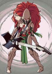 Rule 34 | 1girl, armband, armor, artist name, asymmetrical armor, bodysuit, bodysuit under clothes, boobplate, breastplate, commentary, eldar, electric guitar, english commentary, full armor, full body, gem, green armband, guitar, heavy metal, helmet, highres, holding, holding guitar, holding instrument, holding plectrum, howling banshee, instrument, leaning forward, long hair, looking at viewer, pauldrons, pelvic curtain, playing guitar, plectrum, power armor, power suit, red eyes, red gemstone, red hair, sarracenian, science fiction, shoulder armor, signature, single pauldron, solo, very long hair, warhammer 40k, white armor