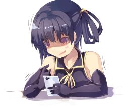 Rule 34 | 10s, 1girl, bare shoulders, black hair, cellphone, clammy zell, highres, long hair, no game no life, normaland, phone, red eyes, smartphone, solo, wavy mouth