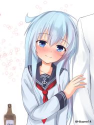Rule 34 | 10s, 1boy, 1girl, admiral (kancolle), ahoge, akabane hibame, alcohol, blue eyes, blue hair, blush, bottle, closed mouth, collarbone, drunk, hair between eyes, hibiki (kancolle), kantai collection, long hair, long sleeves, neckerchief, red neckerchief, side-by-side, smile, solo focus, twitter username, upper body, vodka