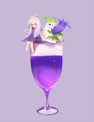Rule 34 | 1girl, ahoge, animal, arm at side, barefoot, bear, chai (drawingchisanne), commentary, cup, dress, drink, flower, grey hair, holding, knees together feet apart, long bangs, long hair, looking at another, mini person, minigirl, mint, original, polar bear, purple background, purple dress, purple flower, signature, simple background, sitting, solo