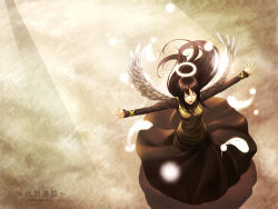 Rule 34 | 00s, 1girl, black dress, black hair, dress, edo tatsuki, closed eyes, feathers, from above, haibane renmei, halo, highres, long dress, long hair, outstretched arms, reki (haibane), solo, spread arms, wallpaper, wings