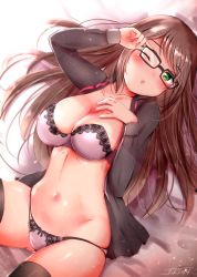 Rule 34 | 1girl, ;o, black-framed eyewear, black shirt, black thighhighs, blush, bra, breasts, brown hair, cleavage, collarbone, commentary request, cowboy shot, glasses, gluteal fold, green eyes, groin, hair spread out, hand on own chest, hand up, highres, lingerie, long hair, long sleeves, looking at viewer, lying, medium breasts, navel, no pants, on back, one eye closed, open clothes, open shirt, original, panties, parted lips, sana hamada, shirt, signature, solo, stomach, thighhighs, underwear, white bra, white panties