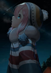 Rule 34 | 1girl, beanie, blue eyes, commentary, falling star, from side, hair between eyes, hat, highres, kagamihara nadeshiko, night, night sky, outdoors, parted lips, pink hair, pom pom (clothes), profile, sasoura, scarf, sky, solo, star (sky), starry sky, symbol-only commentary, yurucamp