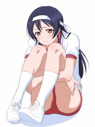 Rule 34 | 1girl, arm around leg, artist name, artist request, bare legs, blue hair, blush, breasts, collarbone, female focus, full body, hair between eyes, headband, highres, knees up, long hair, looking at viewer, love live!, love live! school idol festival, love live! school idol project, pants, parted lips, red pants, red shorts, shirt, shoes, shorts, smile, socks, solo, sonoda umi, track pants, track uniform, white background, white footwear, white headband, white shirt, white socks, yellow eyes