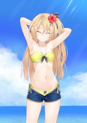 Rule 34 | 1girl, :d, ^ ^, arm up, armpits, arms behind head, azur lane, badge, bandeau, bare arms, bare shoulders, bikini, bikini under clothes, black bow, black ribbon, blonde hair, blue sky, blush, bow, bow bikini, button badge, cleveland (azur lane), closed eyes, cloud, collarbone, commentary request, cowboy shot, day, denim, denim shorts, facing away, flower, grin, hair flower, hair ornament, hajika, halterneck, hibiscus, highres, horizon, light rays, long hair, multi-strapped bikini, navel, ocean, one side up, open clothes, open fly, open mouth, open shorts, outdoors, red flower, ribbon, short shorts, shorts, side-tie bikini bottom, sky, smile, solo, stomach, sunbeam, sunlight, swimsuit, swimsuit under clothes, teeth, very long hair, water, yellow bikini, yellow ribbon