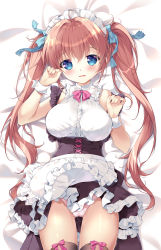 Rule 34 | 1girl, apron, back, bed sheet, black dress, blue eyes, brown hair, clothes lift, commentary request, dress, dress lift, frilled apron, frills, gluteal fold, hair ribbon, highres, long hair, looking at viewer, lying, maid, maid apron, maid headdress, mikeou, on back, open mouth, original, panties, pink panties, ribbon, shirt, sleeveless, sleeveless shirt, smile, solo, thighhighs, twintails, twintails day, underwear, white apron, white shirt, wrist cuffs