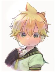 1boy bass_clef blonde_hair child colored_eyelashes headphones highres kagamine_len necktie open_mouth ponytail sailor_collar shirt solo urin_(coconuts3252) vocaloid yellow_necktie