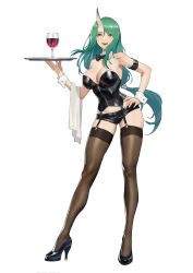 Rule 34 | 1girl, alternate costume, arknights, bare shoulders, black bow, black bowtie, black thighhighs, bow, bowtie, breasts, bustier, cleavage, contrapposto, cup, cupping glass, detached collar, drinking glass, fishnet thighhighs, fishnets, full body, garter straps, green hair, hand on own hip, high heels, highres, horns, hoshiguma (arknights), large breasts, leotard, long hair, looking at viewer, low-tied long hair, micro shorts, midriff peek, playboy bunny, short shorts, shorts, sidelocks, simple background, single horn, skindentation, solo, standing, thighhighs, thighs, tray, ttk (kirinottk), very long hair, white background, wine glass, wrist cuffs, yellow eyes
