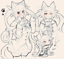 Rule 34 | 1girl, ahoge, animal ears, blush, breasts, buttons, cat ears, cat tail, chibi, coffee cup, cup, disposable cup, ehrrr, fake animal ears, fake tail, girls&#039; frontline, hair ornament, highres, jacket, long hair, looking at viewer, m14 (girls&#039; frontline), monochrome, multiple views, paw pose, ribbon, shirt, skirt, smile, tail, thighhighs, twintails