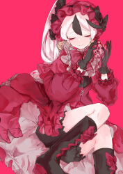 Rule 34 | 1boy, black bloomers, black footwear, black gloves, bloomers, boots, bow, bowtie, closed eyes, closed mouth, crossdressing, dress, frilled dress, frills, gloves, heart, highres, holding, holding heart, laetitia (project moon), library of ruina, long hair, long sleeves, makihako bunko, male focus, multicolored hair, pink background, pink bow, pink bowtie, pink dress, pink headwear, project moon, puffy long sleeves, puffy sleeves, side ponytail, simple background, solo, streaked hair, very long hair, yan vismok