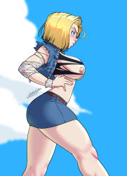 Rule 34 | 1girl, android 18, blonde hair, blue eyes, blush, breasts, breasts out, closed mouth, cloud, day, dragon ball, dragonball z, embarrassed, feet out of frame, female focus, from side, hands on own hips, helmet hensan, highres, jacket, large breasts, legs, looking away, medium hair, nipples, raglan sleeves, skirt, sky, solo, standing, thighs, torn clothes