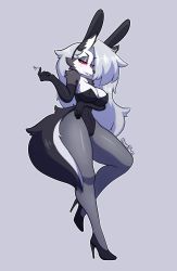 Rule 34 | 1girl, absurdres, animal ears, breasts, cleavage, elbow gloves, frowntown, furry, gloves, hellhound, helluva boss, high heels, highres, leotard, long hair, loona (helluva boss), playboy bunny, tail, thick thighs, thighs, werewolf