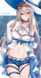 Rule 34 | 1girl, arknights, bare shoulders, belt, black choker, blue shorts, breasts, choker, cleavage, collarbone, cowboy shot, crop top, eyewear on head, grey hair, hair between eyes, hat, highres, kinona, large breasts, long hair, looking at viewer, midriff, navel, official alternate costume, red eyes, shirt, short shorts, shorts, skadi (arknights), skadi (waverider) (arknights), solo, stomach, sun hat, sunglasses, thigh strap, thighs, very long hair, white hat, white shirt