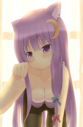 Rule 34 | 1girl, animal ears, aoba senkiri, backlighting, bad id, bad pixiv id, bent over, black pantyhose, blush, bow, bra, breasts, cat ears, cat girl, chimunge, cleavage, crescent, crescent hair ornament, embarrassed, face, female focus, hair bow, hair ornament, hanging breasts, highres, kemonomimi mode, lingerie, long hair, no headwear, no headwear, panties, panties under pantyhose, pantyhose, patchouli knowledge, paw pose, purple eyes, purple hair, solo, touhou, underwear, very long hair