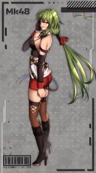 Rule 34 | 1girl, absurdres, annno ans, back, barcode, bare shoulders, black footwear, black gloves, black thighhighs, blush, boots, breasts, character name, commentary, commission, crop top, full body, girls&#039; frontline, gloves, green hair, hair ornament, hairclip, hand on own face, high heel boots, high heels, highres, large breasts, legs, long hair, looking at viewer, looking to the side, mk48 (girls&#039; frontline), open mouth, parted lips, ponytail, red eyes, red shorts, shorts, sideboob, simple background, single glove, skeb commission, sleeveless, smirk, solo, standing, thighhighs
