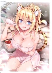 Rule 34 | 1girl, :d, absurdres, akizora momiji, animal ears, arm under breasts, blonde hair, blue eyes, blurry, breast hold, breasts, bust cup, cleavage, cup, depth of field, fang, hair between eyes, highres, large breasts, long hair, looking at viewer, naked towel, one side up, onsen, open mouth, page number, sakazuki, scan, sidelocks, sitting, smile, snowing, soaking feet, solo, steam, tail, tiger ears, tiger tail, tokkuri, toranoana, towel, wet