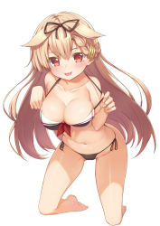 Rule 34 | 10s, 1girl, bare shoulders, barefoot, bikini, black bikini, black ribbon, black skirt, blonde hair, blush, braid, breasts, cleavage, collarbone, front-tie top, full body, hair flaps, hair ornament, hair ribbon, hairclip, highres, kantai collection, kneeling, large breasts, leaning forward, long hair, looking at viewer, messy hair, naughty face, navel, pleated skirt, red eyes, ribbon, rokuroku (xd p), side-tie bikini bottom, simple background, single braid, skirt, smile, solo, strap pull, swimsuit, tongue, tongue out, white background, yuudachi (kancolle), yuudachi kai ni (kancolle)