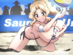 Rule 34 | 1girl, american flag bikini, ass, ball, beach volleyball, bikini, blonde hair, blue eyes, blush, bouncing breasts, breasts, bukkuri, cleavage, flag print, girls und panzer, highres, kay (girls und panzer), large breasts, long hair, open mouth, outdoors, playing sports, ponytail, shiny skin, side-tie bikini bottom, solo, swimsuit, volleyball, volleyball (object), wardrobe malfunction