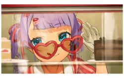 Rule 34 | 1girl, :q, absurdres, blue eyes, blunt bangs, border, cake, cake slice, closed mouth, commentary request, drill hair, food, frikulu, glasses, gloves, hair ornament, hair ribbon, hairclip, heart, heart-shaped eyewear, highres, long hair, looking at viewer, medium bangs, mochi hiyoko, mochipro, raised eyebrow, red-framed eyewear, red ribbon, ribbon, smile, solo, tongue, tongue out, twintails, upper body, virtual youtuber, white border, white gloves