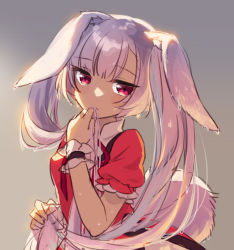 Rule 34 | 1girl, animal ear fluff, animal ears, dress, frilled dress, frills, gradient background, hand up, hisana, long hair, looking at viewer, original, pink dress, pink eyes, purple hair, rabbit ears, rabbit girl, rabbit tail, short sleeves, solo, standing, tail, twintails, upper body, very long hair, wet, wet hair, wristband