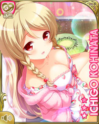 Rule 34 | 1girl, bare legs, barefoot, bedroom, blonde hair, blouse, breasts, card, character name, cleavage, close-up, dress, girlfriend (kari), hair ornament, hairclip, indoors, kohinata ichigo, long hair, night, official art, open mouth, pink shirt, playing card, qp:flapper, red eyes, shirt, sitting, sleepwear, smile, tagme, white dress