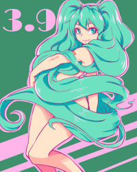 Rule 34 | 1girl, aqua eyes, aqua hair, hatsune miku, long hair, looking at viewer, nude, simple background, smile, solo, tattoo, teatime (mike), twintails, very long hair, vocaloid