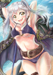 Rule 34 | 1girl, armpits, arms behind head, arms up, artist request, beach, belt, belt buckle, bikini, blush, breasts, buckle, cleavage, coat, collarbone, covered erect nipples, day, eyelashes, female focus, fire emblem, fire emblem awakening, gluteal fold, groin, hair between eyes, happy, highres, intelligent systems, legs, legs together, long hair, looking at viewer, medium breasts, midriff, navel, neck, nintendo, o-ring, o-ring bikini, o-ring top, ocean, official alternate costume, open mouth, outdoors, robin (female) (fire emblem), robin (female) (summer) (fire emblem), robin (fire emblem), sidelocks, smile, summer, swimsuit, thigh gap, thighlet, thighs, tight clothes, twintails, underboob, unworn coat, white hair, yellow eyes