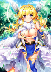 Rule 34 | &gt;:(, 1girl, bad id, bad pixiv id, bible bullet, blonde hair, blue sky, blue thighhighs, blush, breast hold, breasts, cape, character request, closed mouth, covering privates, covering breasts, cowboy shot, day, dress, fur trim, gradient hair, green hair, highres, large breasts, leaning forward, long hair, looking at viewer, multicolored hair, navel, purple eyes, silveroid, single thighhigh, sky, solo, stomach, sunlight, tearing up, tears, thighhighs, torn clothes, torn dress, torn thighhighs, v-shaped eyebrows, very long hair, wavy hair, white wings, winged hair ornament, wings