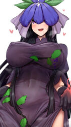 Rule 34 | 1girl, akehi yuki, black dress, black gloves, black hair, breasts, china dress, chinese clothes, commentary, covered erect nipples, covered navel, dress, gloves, heart, heart-shaped pupils, large breasts, long hair, looking at viewer, open mouth, purple eyes, simple background, solo, symbol-only commentary, symbol-shaped pupils, touhou, white background, yomotsu hisami