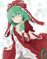 Rule 34 | 1girl, breasts, bright pupils, closed mouth, clothes lift, dress, dress lift, green eyes, green hair, hair ribbon, highres, kagiyama hina, large breasts, lifted by self, long hair, petticoat, puffy short sleeves, puffy sleeves, red dress, red ribbon, ribbon, short sleeves, smile, solo, touhou, tyouseki, white background