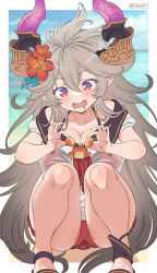 Rule 34 | 1girl, animal, bikini, bikini skirt, blush, border, breasts, cleavage, collarbone, commentary request, draph, drooling, fang, feet out of frame, granblue fantasy, grey hair, hair ornament, halterneck, highres, holding, holding animal, horns, large breasts, long hair, mouth drool, outside border, pointy ears, red bikini, see-through, see-through shirt, short sleeves, sidelocks, skin fang, solo, squatting, sweatdrop, swimsuit, threo (eternal&#039;s summer vacation) (granblue fantasy), threo (granblue fantasy), twitter username, very long hair, vinhnyu, white border