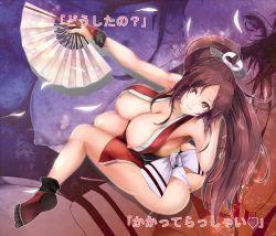 Rule 34 | 1girl, ass, bouncing breasts, breasts, brown eyes, brown hair, cleavage, fatal fury, from above, gloves, japanese clothes, jewelry, large breasts, long hair, looking at viewer, looking back, nipple slip, nipples, ponytail, revealing clothes, ribbon, shiny skin, shiranui mai, sitting, smile, solo, the king of fighters, translation request