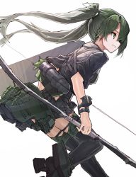 Rule 34 | air qh, aircraft, airplane, bad id, bad twitter id, black skirt, boots, bow (weapon), green hair, hair ribbon, hakama, hakama short skirt, hakama skirt, highres, holding, holding bow (weapon), holding weapon, japanese clothes, kantai collection, long hair, miko, muneate, quiver, ribbon, rigging, rudder footwear, simple background, skirt, smile, solo, tasuki, thigh boots, thighhighs, twintails, weapon, white background, white ribbon, yellow eyes, zettai ryouiki, zuikaku (kancolle)