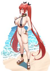 Rule 34 | 1girl, bangle, beach, bikini, black bikini, black ribbon, blue eyes, blush, bracelet, breasts, cleavage, clenched hand, closed mouth, embarrassed, frown, full body, hair between eyes, hair ribbon, hand on own hip, hand on own chest, highres, jewelry, large breasts, last origin, long hair, may of doom, miman (hasutaro stream), mole, mole on breast, navel, ocean, official alternate costume, platform footwear, red hair, revealing clothes, ribbon, sand, sandals, skindentation, slingshot swimsuit, solo, standing, swimsuit, toenails, toes, twintails, very long hair, water