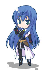 Rule 34 | 1girl, :&lt;, blue hair, chibi, female focus, full body, green eyes, maria traydor, pantyhose, simple background, skirt, solo, square enix, star ocean, star ocean till the end of time, white background