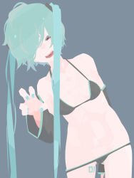 1girl absurdres alternate_eye_color bikini black_bikini black_sleeves blue_hair blue_nails breasts claw_pose commentary_request cowboy_shot detached_sleeves fingernails grey_background hair_between_eyes hair_over_one_eye hara_id_21 hatsune_miku highres leaning_to_the_side leg_tattoo long_bangs long_hair looking_at_viewer lowleg lowleg_bikini no_lineart number_tattoo open_mouth red_eyes simple_background small_breasts smile solo swimsuit tattoo twintails very_long_hair vocaloid