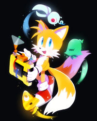 Rule 34 | 1boy, animal nose, black background, blue eyes, body fur, creature, fox boy, full body, furry, furry male, gloves, holding, male focus, misuta710, multiple tails, shoes, simple background, sonic (series), sonic colors, sonic the hedgehog, standing, tail, tails (sonic), two tails, white gloves, wisp (sonic)