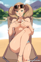 Rule 34 | 1girl, bare legs, bare shoulders, blue eyes, blurry, blurry background, breasts, clothes lift, commentary, earrings, eyewear on head, flip-flops, grabbing own breast, heart, heart earrings, heart necklace, highres, jewelry, large breasts, lifting own clothes, light brown hair, long hair, looking at viewer, micro shorts, necklace, patreon username, persona, persona 5, persona 5 scramble: the phantom strikers, red-framed eyewear, sandals, shorts, sitting, smile, solo, squeezable (squeezabledraws), sunglasses, takamaki anne, twintails