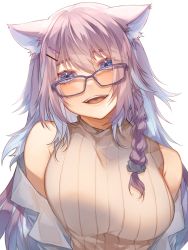 Rule 34 | 1girl, animal ears, beige sweater, blue hair, blue shirt, blush, braid, breasts, colored inner hair, glasses, head tilt, highres, karupisusawa, large breasts, multicolored hair, nijisanji, nijisanji kr, nun bora, off shoulder, open mouth, portrait, ribbed sweater, shirt, side braid, sleeveless, sleeveless sweater, smile, solo, sweater, virtual youtuber, white background