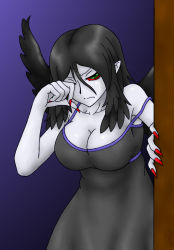 Rule 34 | 1girl, bare shoulders, black dress, black hair, black wings, breasts, cleavage, collarbone, colored sclera, dress, duel monster, fabled grimro, feathers, female focus, fingernails, frown, green eyes, hair between eyes, indoors, long fingernails, long hair, long image, looking at viewer, monster girl, multicolored eyes, nail polish, pale skin, pataneet, pointy ears, purple background, red nails, red sclera, rubbing eyes, solo, standing, strap slip, tall image, waking up, wings, yu-gi-oh!, yu-gi-oh! duel monsters
