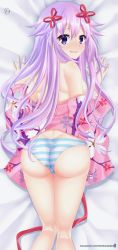 Rule 34 | 1girl, adult neptune, ass, bare shoulders, bed sheet, blush, breasts, commentary request, d-pad, d-pad hair ornament, dakimakura (medium), hair between eyes, hair flaps, hair ornament, helvetica std, highres, japanese clothes, kimono, long hair, looking at viewer, looking back, lying, medium breasts, neptune (series), on stomach, open clothes, open kimono, panties, patreon username, purple eyes, purple hair, shin jigen game neptune vii, sidelocks, signature, solo, striped clothes, striped panties, underwear, wavy mouth, yukata