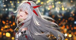 Rule 34 | 1girl, absurdres, blurry, blurry background, blush, character request, do2mi doreimi, grey hair, hairband, highres, long hair, looking at viewer, open mouth, red hairband, short eyebrows, smile, teeth, tower of fantasy, yellow eyes