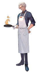Rule 34 | 1boy, alternate costume, alternate hairstyle, apron, arurandeisu, black footwear, black pants, black shirt, collared shirt, cooking, cross-laced footwear, food, frying pan, full body, glasses, green eyes, grey hair, grin, hand on own hip, highres, holding, holding frying pan, holostars, lack, looking at viewer, male focus, one eye closed, open collar, pants, pasta, pizza, pizza-kun (arurandeisu), red-framed eyewear, shirt, shoes, short hair, simple background, sleeves rolled up, smile, solo, spaghetti, standing, towel, virtual youtuber, white apron, white background